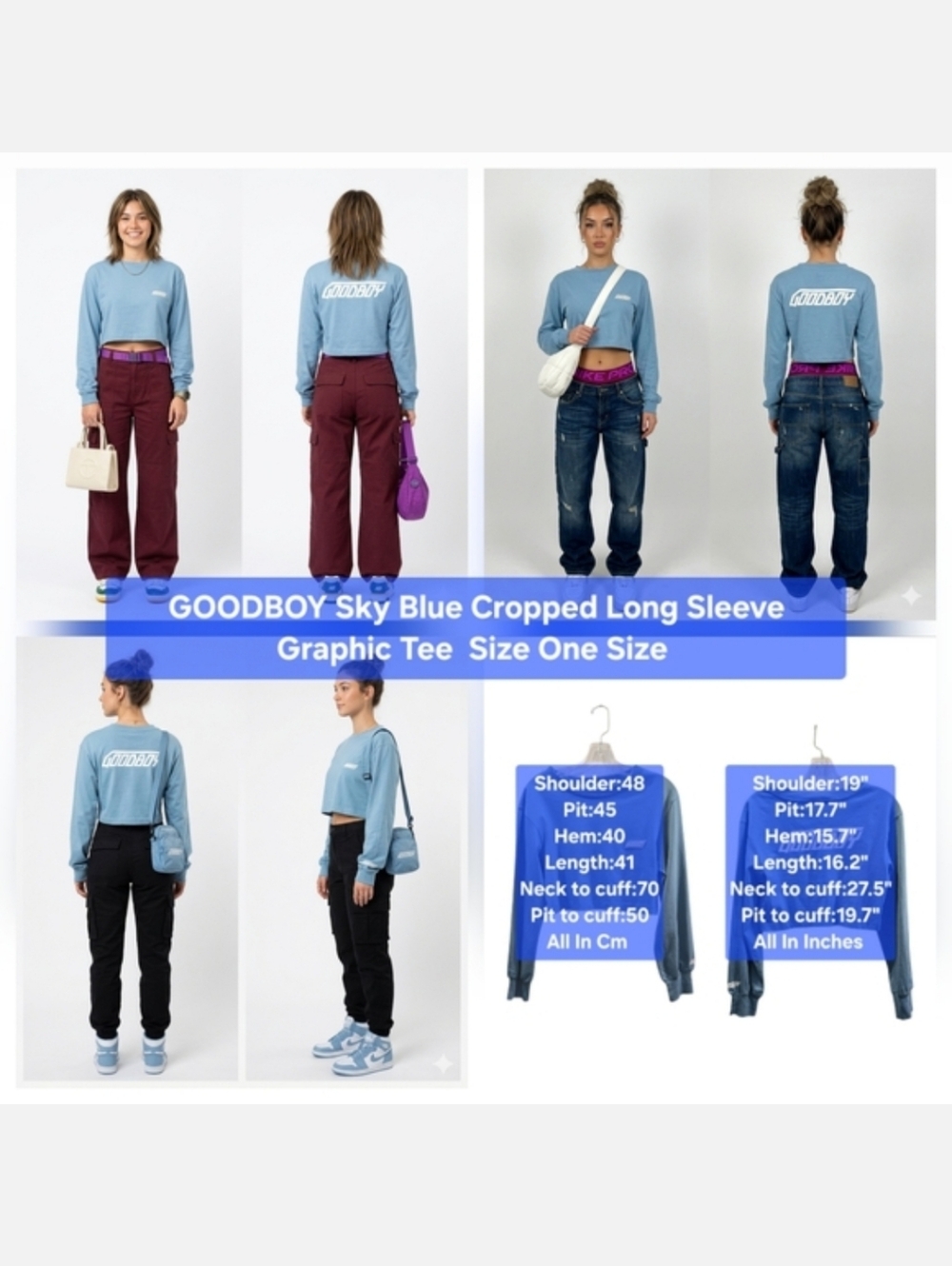 GOODBOY Sky Blue Cropped Long Sleeve Graphic Tee Size One Size
